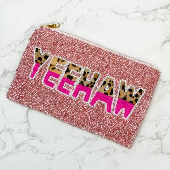 Beaded Yee Haw Cowgirl Western Pink Leopard Money Makeup Lipstick Wristlet Bag - Picture 4 of 4